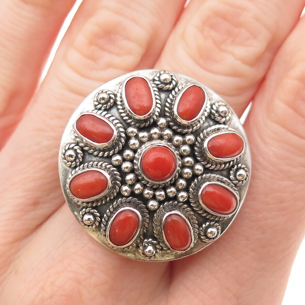 Doug Paulus Sterling Silver Vintage Real Coral Modernist Oxidized Ring Size 7.25